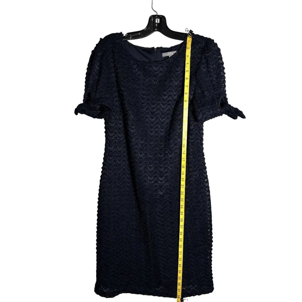 Navy/Black Lace Short Sleeve Dress By Sharagano With Bow Accents - Picture 5 of 9